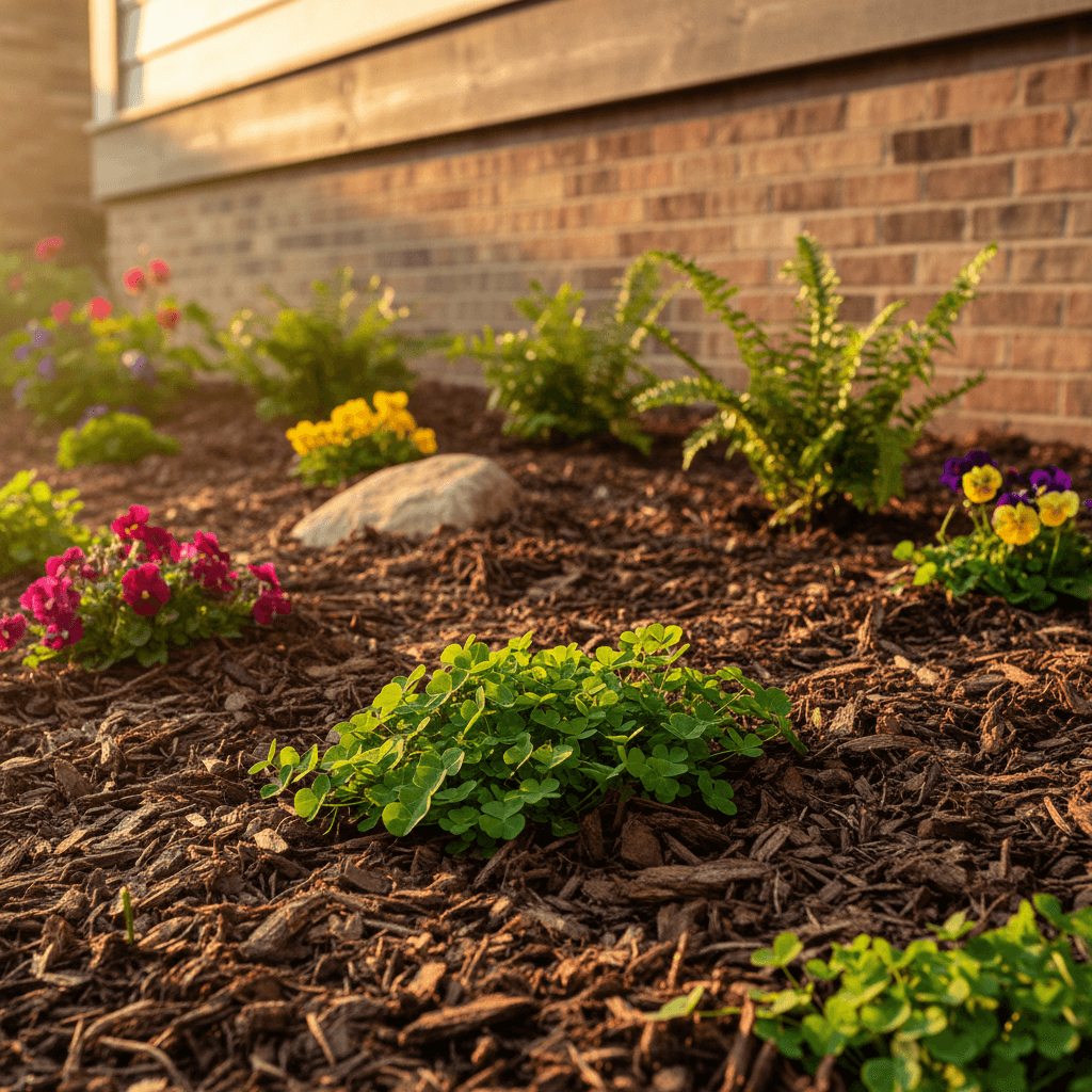 Mulch installation completing a landscape bed