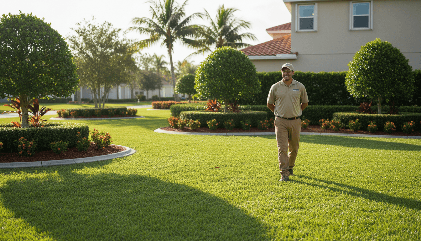 Professional lawn care specialist inspecting a well-maintained residential lawn in Boynton Beach