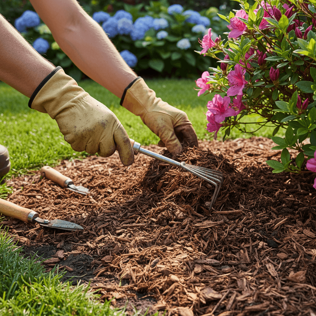 Lawn care professional inspecting newly installed mulch around landscape beds in Boynton Beach