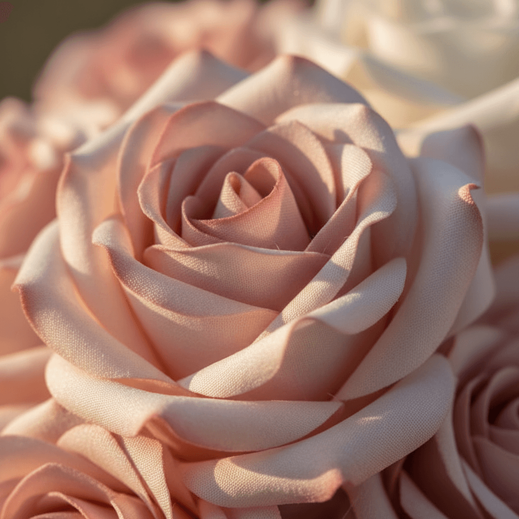 Extreme close-up of hand-crafted silk rose petal showing realistic texture, color gradations, and precise construction detail