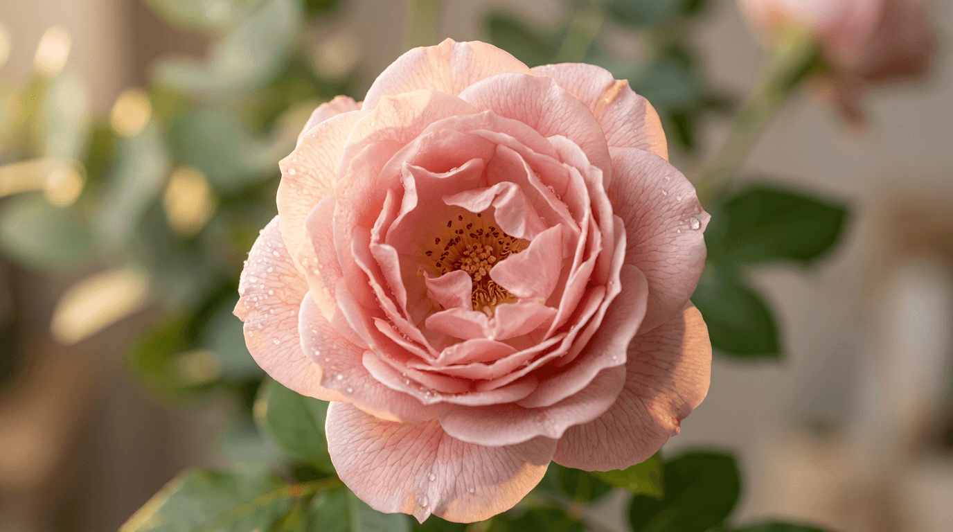Close-up blush pink rose with dewdrops catching golden sunlight, soft green foliage bokeh background.