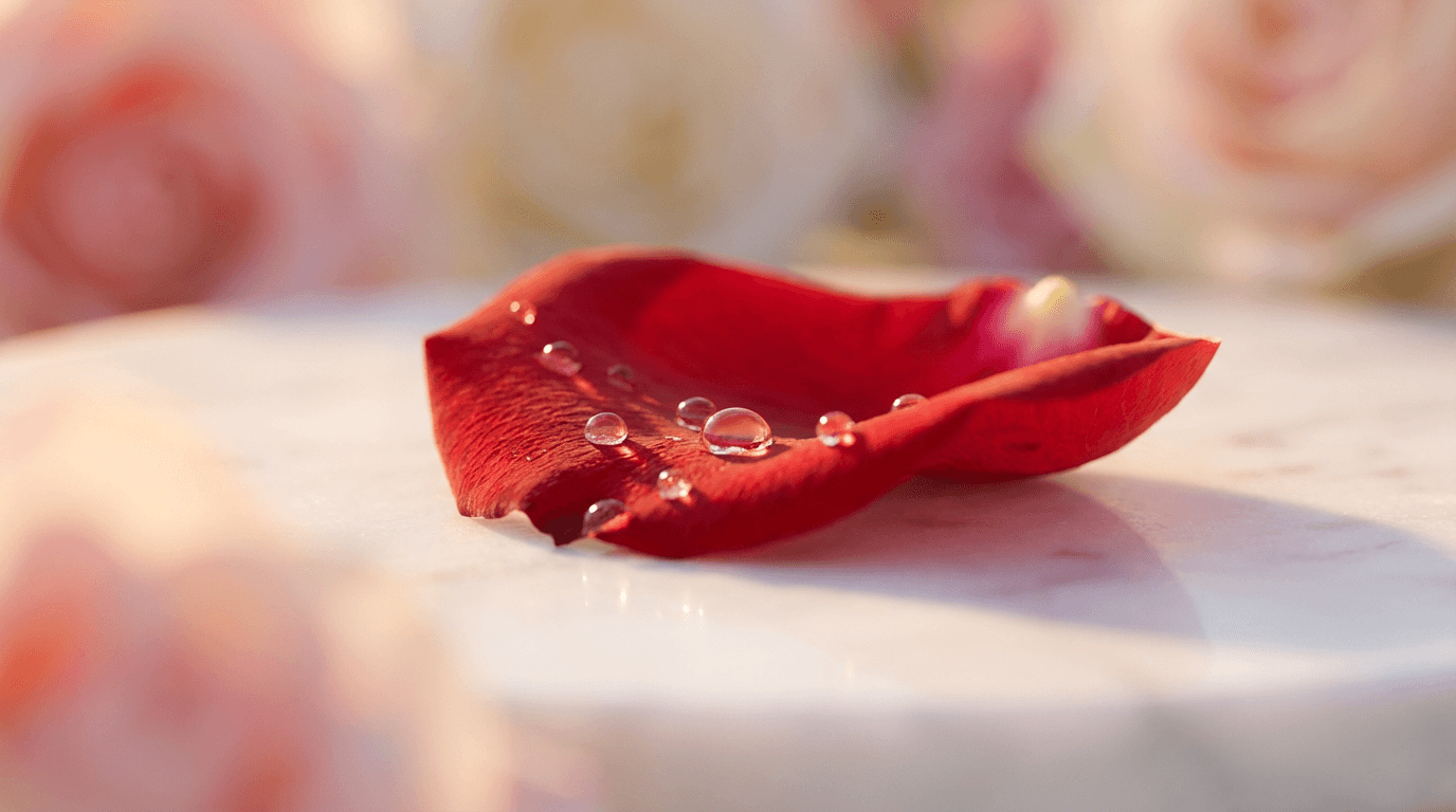 Macro photograph of crimson rose petal with water droplets on white marble in soft, warm light