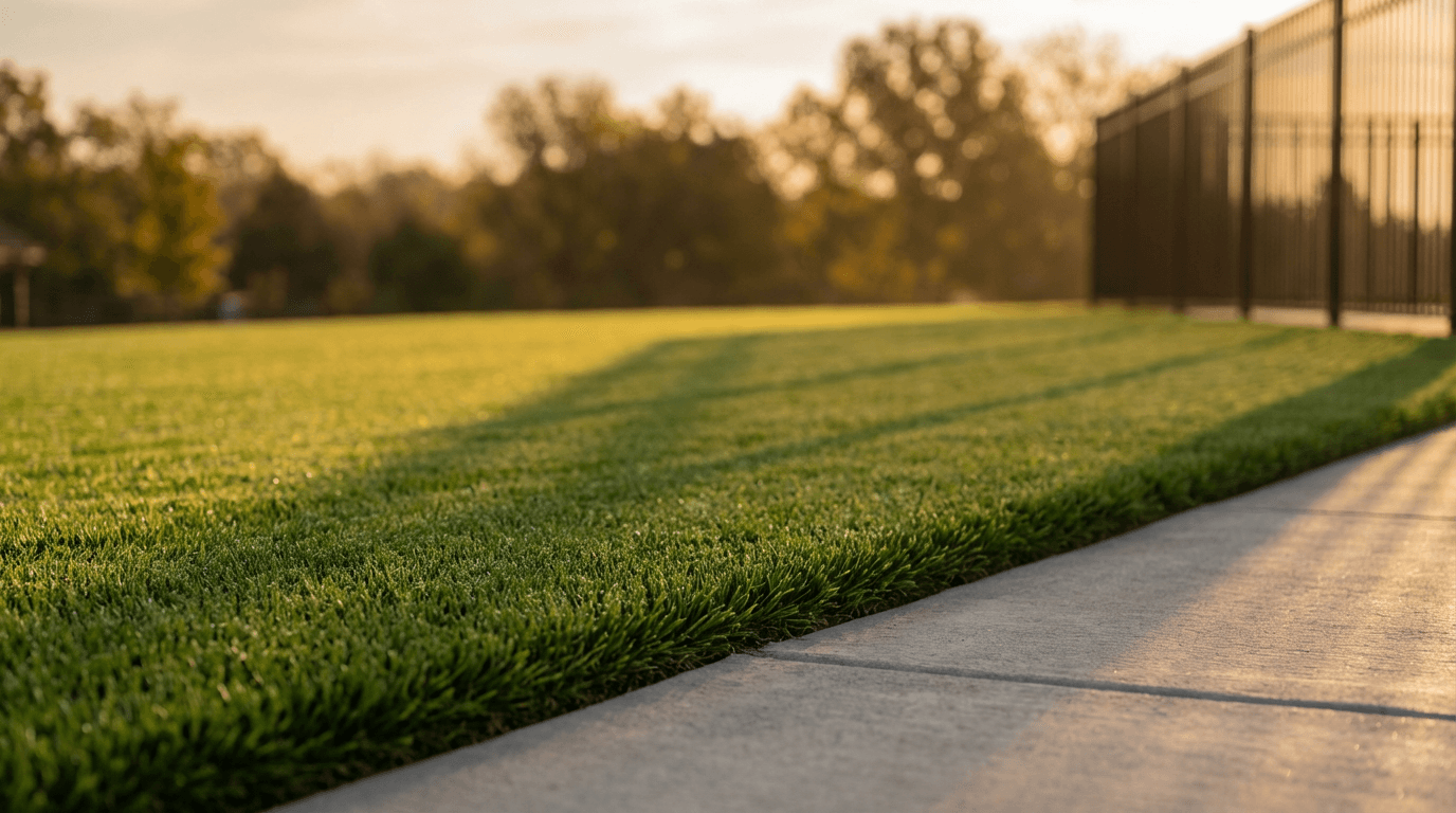 Professional landscaper overlooking a well-maintained residential lawn in Boynton Beach with lush green grass and trimmed hedges